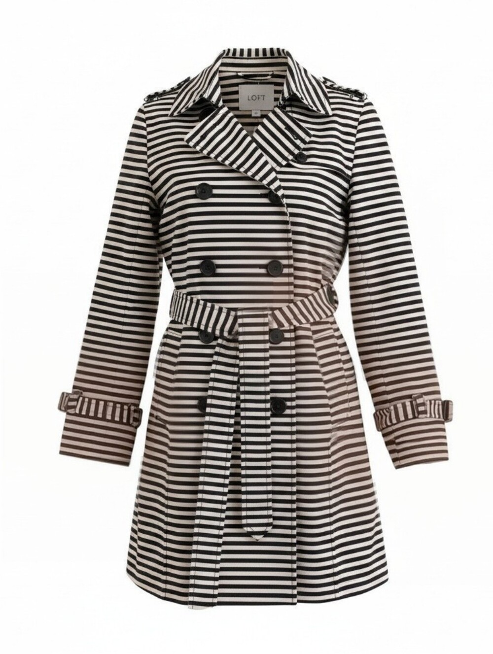 LOFT Striped Double-Breasted Trench Coat in Black and White